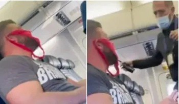 Hombre usa tanga de tapabocas y es echado de un avión