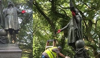 Tiñen de â??rojo sangreâ? manos estatua Colón en NY