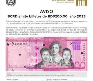 Banco Central emite billete de RD$200, año 2025