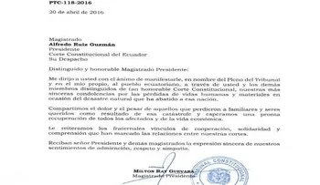 Presidente TC se solidariza con pueblo ecuatoriano y colegas jueces