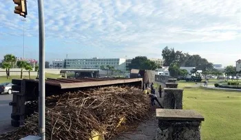 Camión cargado de caña se vuelca frente al Ministerio de Defensa