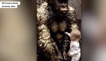 La tierna imagen de un bebé que intenta mamar de la estatua de un gorila