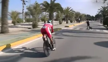 Un campeón de ciclismo casi choca con una mujer y un perro en plena carrera