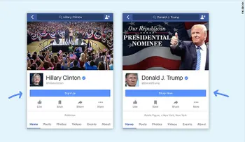 La página de Facebook de Clinton dice: Regístrate; la de Trump, Comprar ahora