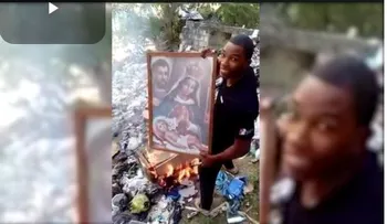 Dos hombres queman imágenes de La Virgen de la Altagracia y San Miguel