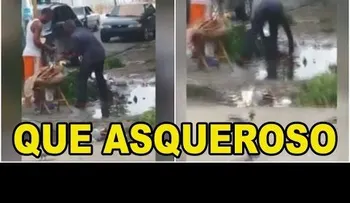 Advertencia contra enfermedades: Vendedor lava chicharrones en aguas negras de un conten (VIDEO)