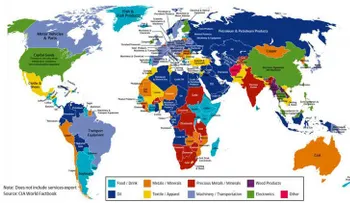 Este mapamundi refleja las principales exportaciones de cada país
