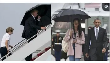 Trump, con un gran paraguas, deja que su mujer y su hijo se mojen; Obama era diferente