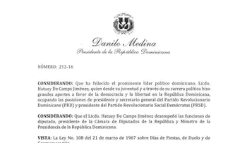 Danilo Medina declara este domingo 28 de agosto: Día de duelo oficial por muerte de Hatuey De Camps