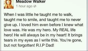 Lo que publicó en su Facebook la hija de 15 años del fallecido actor Paul Walker