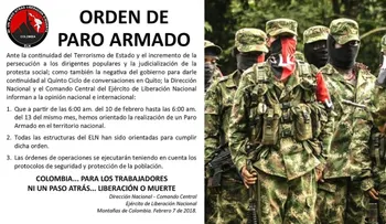 El grupo terrorista ELN anunció un "paro armado" en toda Colombia del 10 al 13 de febrero