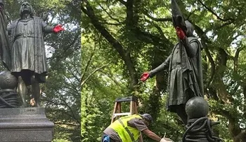 Tiñen de â??rojo sangreâ? manos estatua Colón en NY