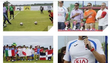 Villanueva y Díaz realizan la patada inaugural del II torneo de fútsal de Grupo Viamar Mundialito Kia 2015