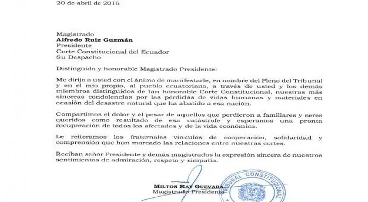 Presidente TC se solidariza con pueblo ecuatoriano y colegas jueces