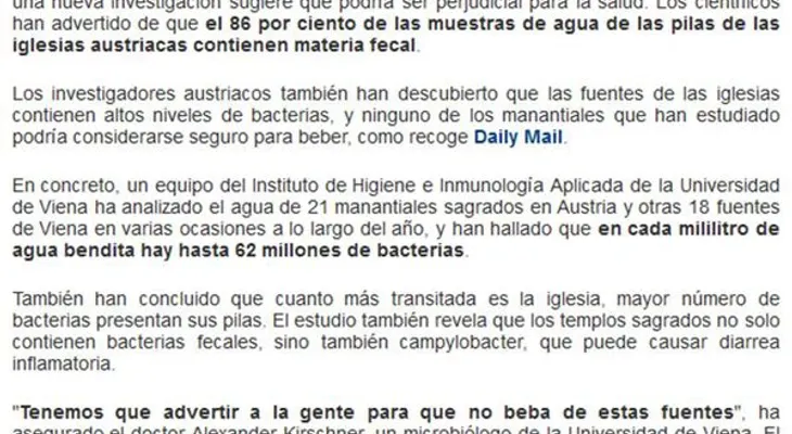 El 86% del agua bendita en Austria contiene materia fecal y podría ser perjudicial para la salud