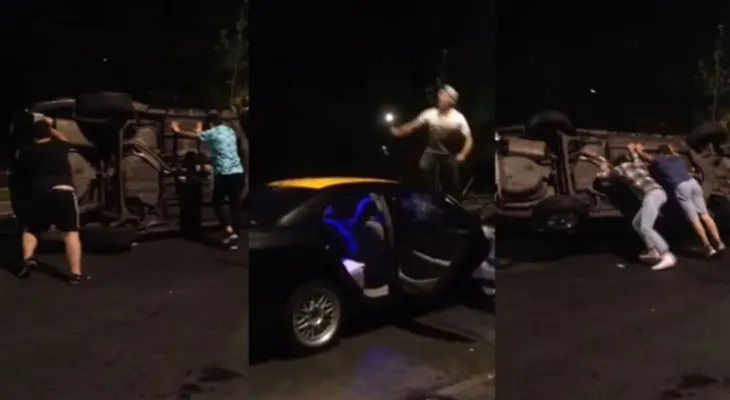 Volcaron el auto de un taxista que agredió a un joven por usar Uber