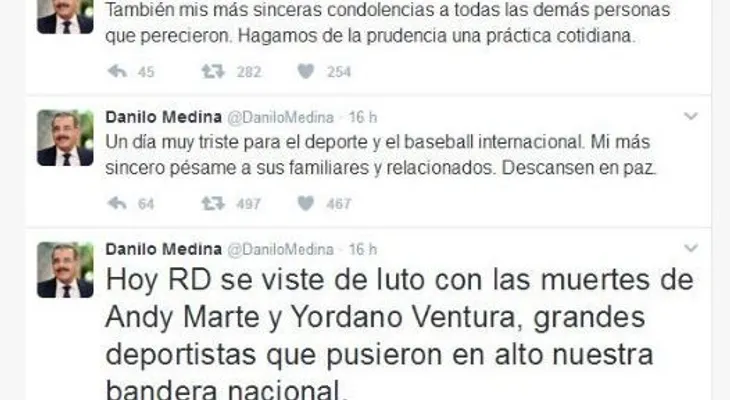 Presidente Danilo Medina ofrece condolencias por muerte de dos peloteros dominicanos