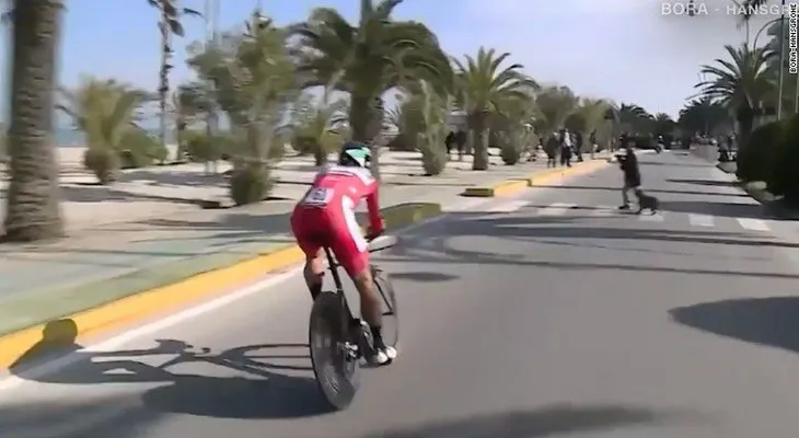 Un campeón de ciclismo casi choca con una mujer y un perro en plena carrera
