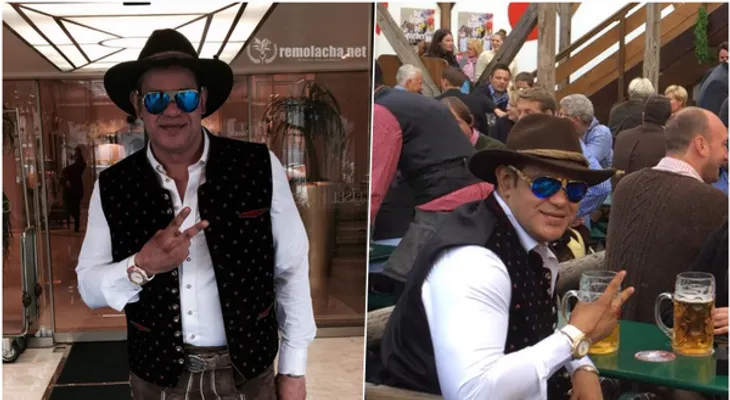 Sammy Sosa con traje del Oktoberfest tomando frias en Alemania