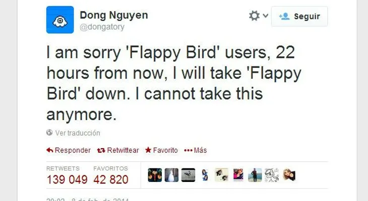 Por quitarle la paz, creador da muerte al juego "Flappy Bird"