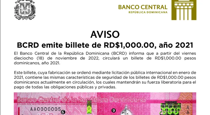 BCRD informa que a partir del viernes 18 de noviembre circulará un billete de RD$1,000.00 pesos año 2021