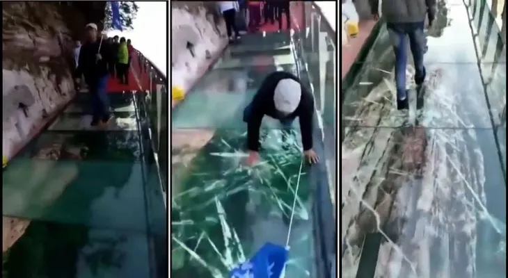 La embarazosa reacción de un guía cuando una pasarela de vidrio empieza a resquebrajarse