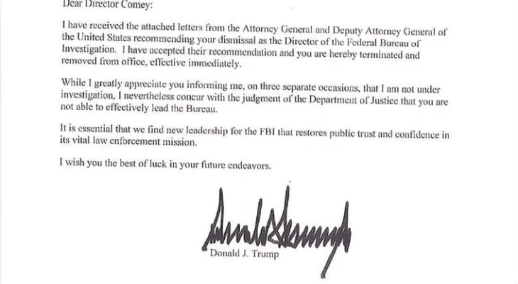 Esta es la carta de despido que Trump le escribió al director del FBI James Comey
