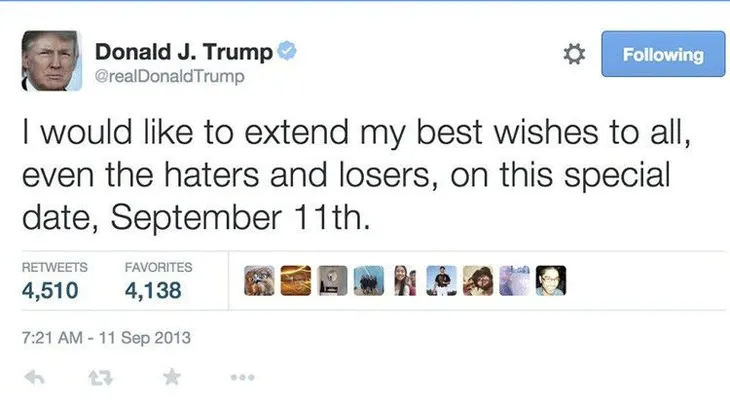 Trump elimina un controvertido tuit que publicó el 11 de septiembre de 2013 y reabre la polémica