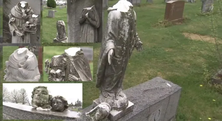 Decapitan docenas de estatuas y efigies en icónico cementerio de Nueva Jersey   