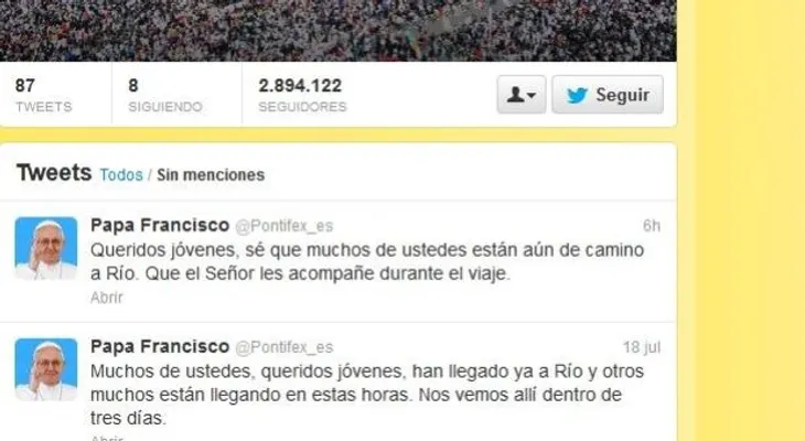 Papa da bienvenida a Jornada Mundial vía Twitter