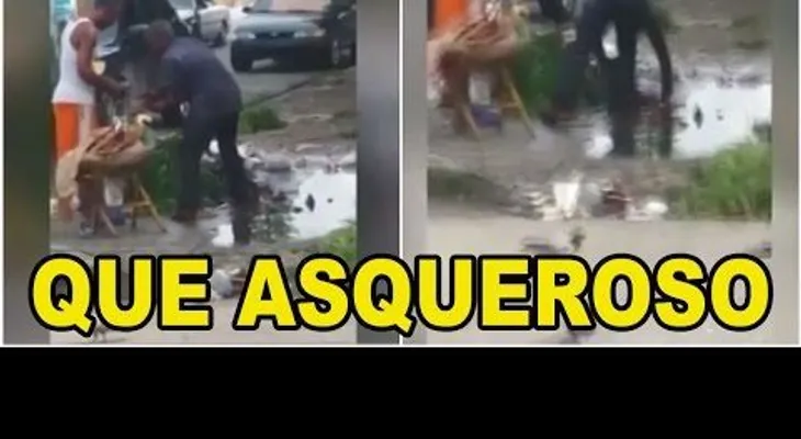 Advertencia contra enfermedades: Vendedor lava chicharrones en aguas negras de un conten (VIDEO)