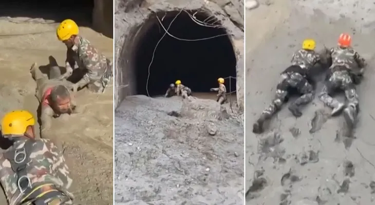 Rescatistas se arrastran por el lodo para salvar a atrapados en Nepal tras colapso de glaciar