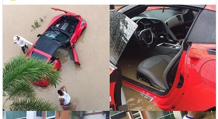 Don Miguelo muestra su carro inundado; pide a Dios proteger "nuestro San Francisco de Macorís"
