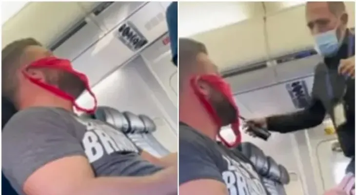 Hombre usa tanga de tapabocas y es echado de un avión