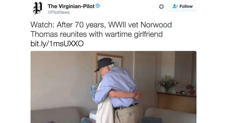 Una pareja separada en la Segunda Guerra Mundial se reencuentra 70 años después