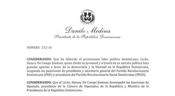 Danilo Medina declara este domingo 28 de agosto: Día de duelo oficial por muerte de Hatuey De Camps