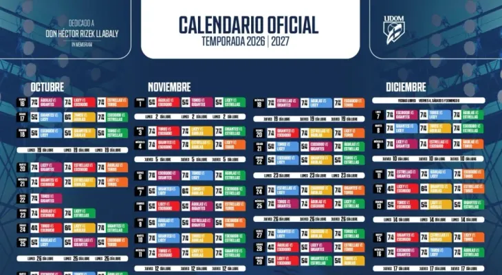 LIDOM iniciará temporada el 16 de octubre: calendario completo 2026-2027
