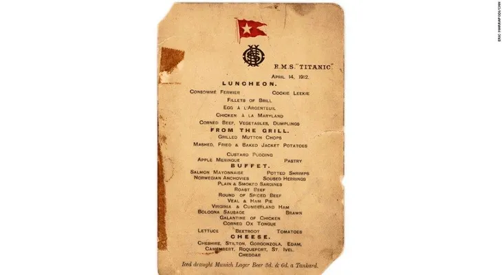 Menú del último almuerzo del Titanic se vende por 88.000 dólares