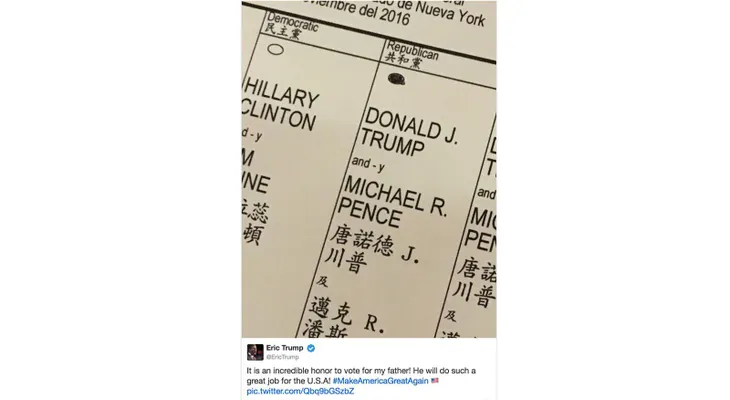 Eric Trump podría haber violado una ley electoral con esta foto