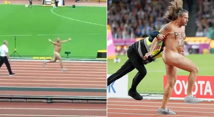 Un nudista intentó robarse el show de Usain Bolt en los 100 metros