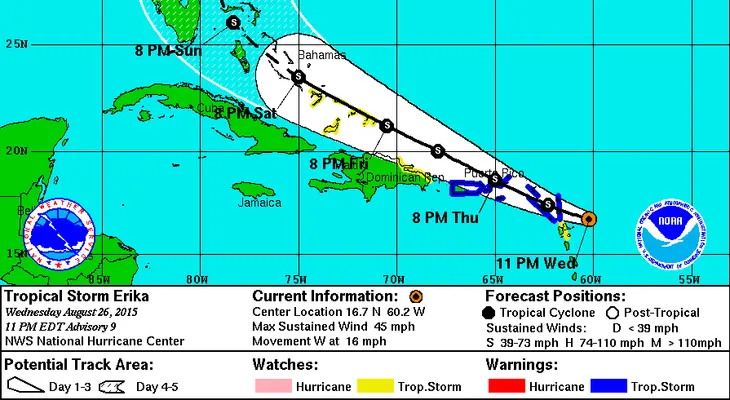 La tormenta tropical Erika avanza sobre el Caribe y podría dirigirse a Florida