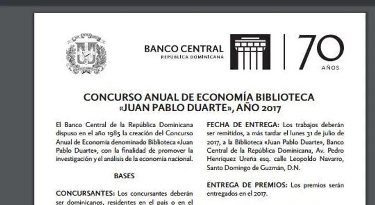 El BCRD convoca al concurso anual de economía biblioteca Juan Pablo Duarte, Año 2017
