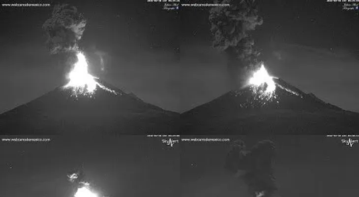 Una espectacular explosión del volcán Popocatépetl durante la noche