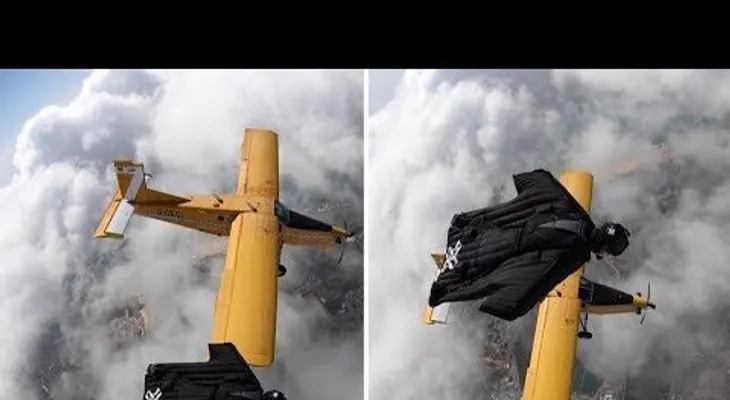 Un deportista extremo vuela junto a un avión a casi 5.000 metros de altura