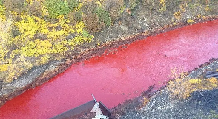 Las aguas de un río se tiñen de rojo sangre