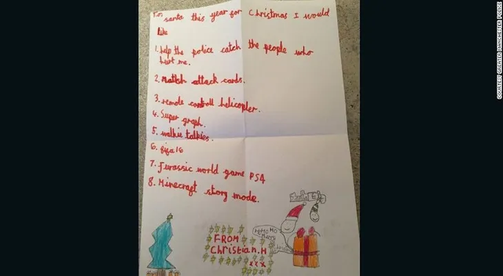 "Querido Santa: ayuda a la policía a atrapar a quienes me hirieron", pide en carta niño baleado
