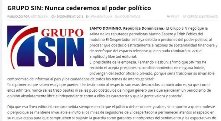 Grupo SIN niega cancelación de Zapete y Febles obedezca a presiones de Poder 