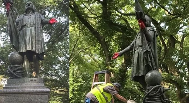Tiñen de "rojo sangre" manos estatua Colón en NY