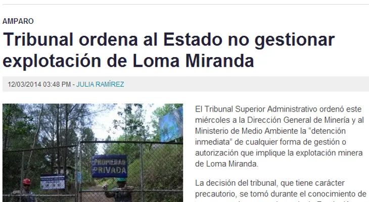 Tribunal ordena al Estado no gestionar explotación de Loma Miranda